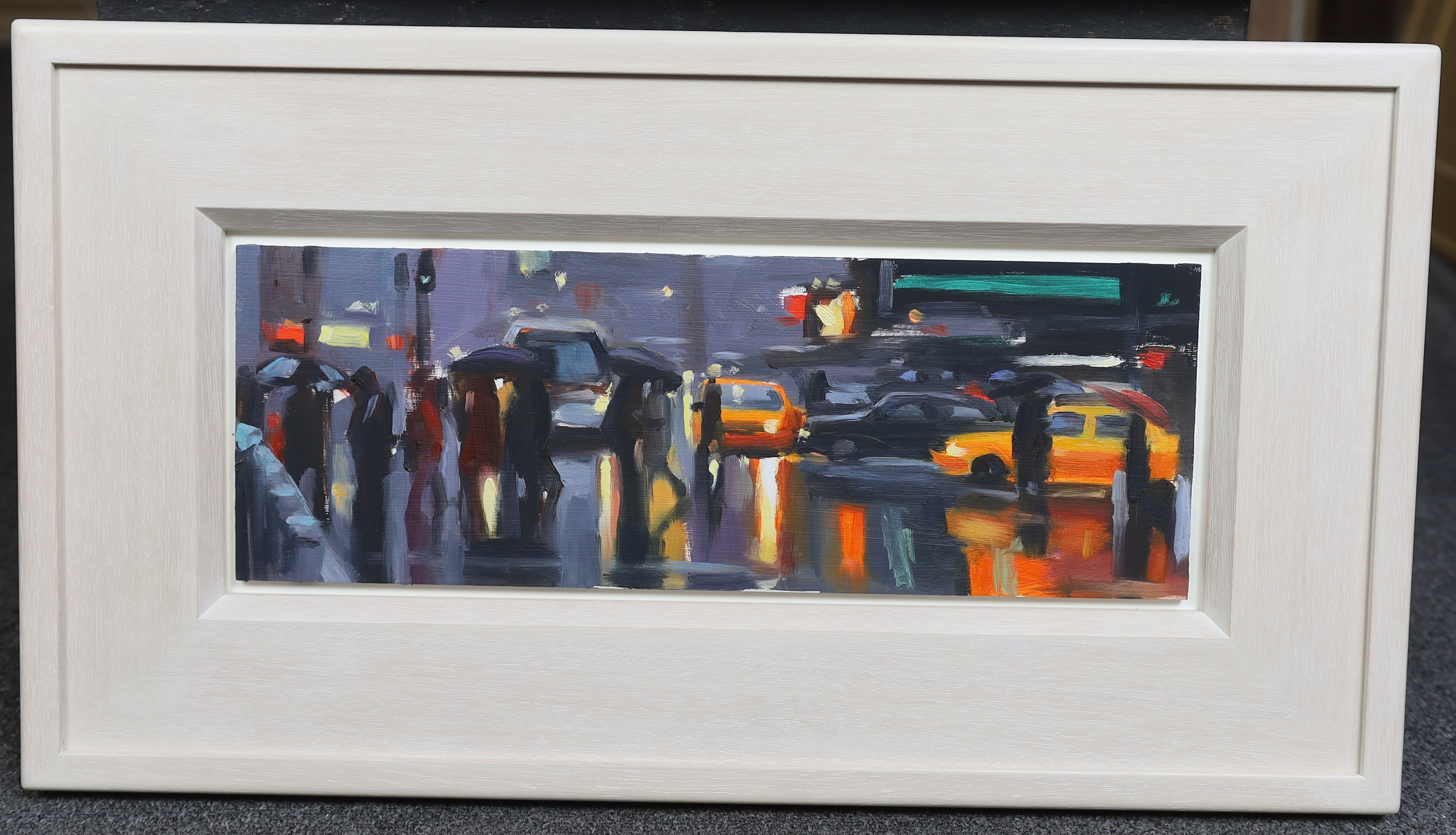 Liam Spencer (British, b.1964), 'New York Taxis', oil on panel, 15 x 43cm